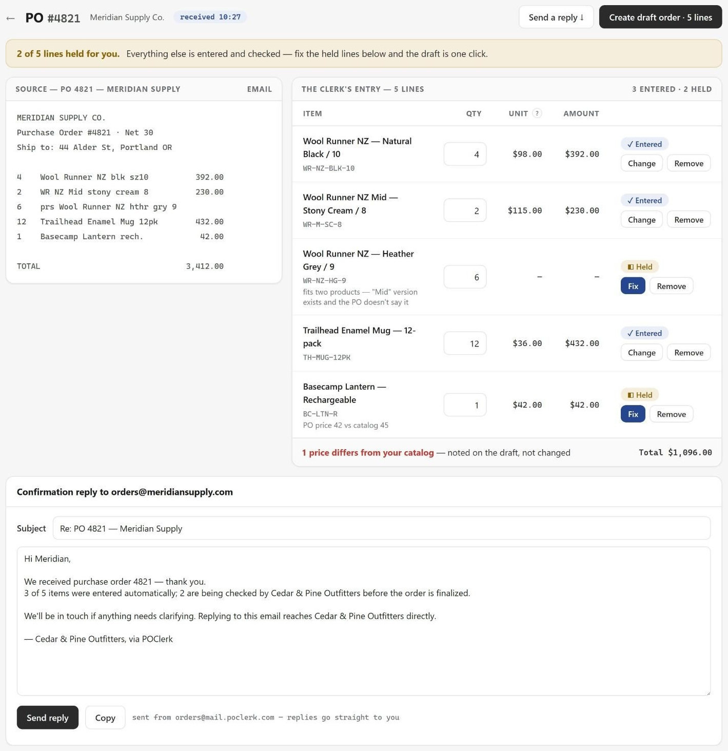 The POClerk review screen inside the Shopify admin. The buyer's original purchase order is shown on the left; on the right each line is matched to a product with Entered or Held status, and a confirmation reply to the buyer is drafted underneath.