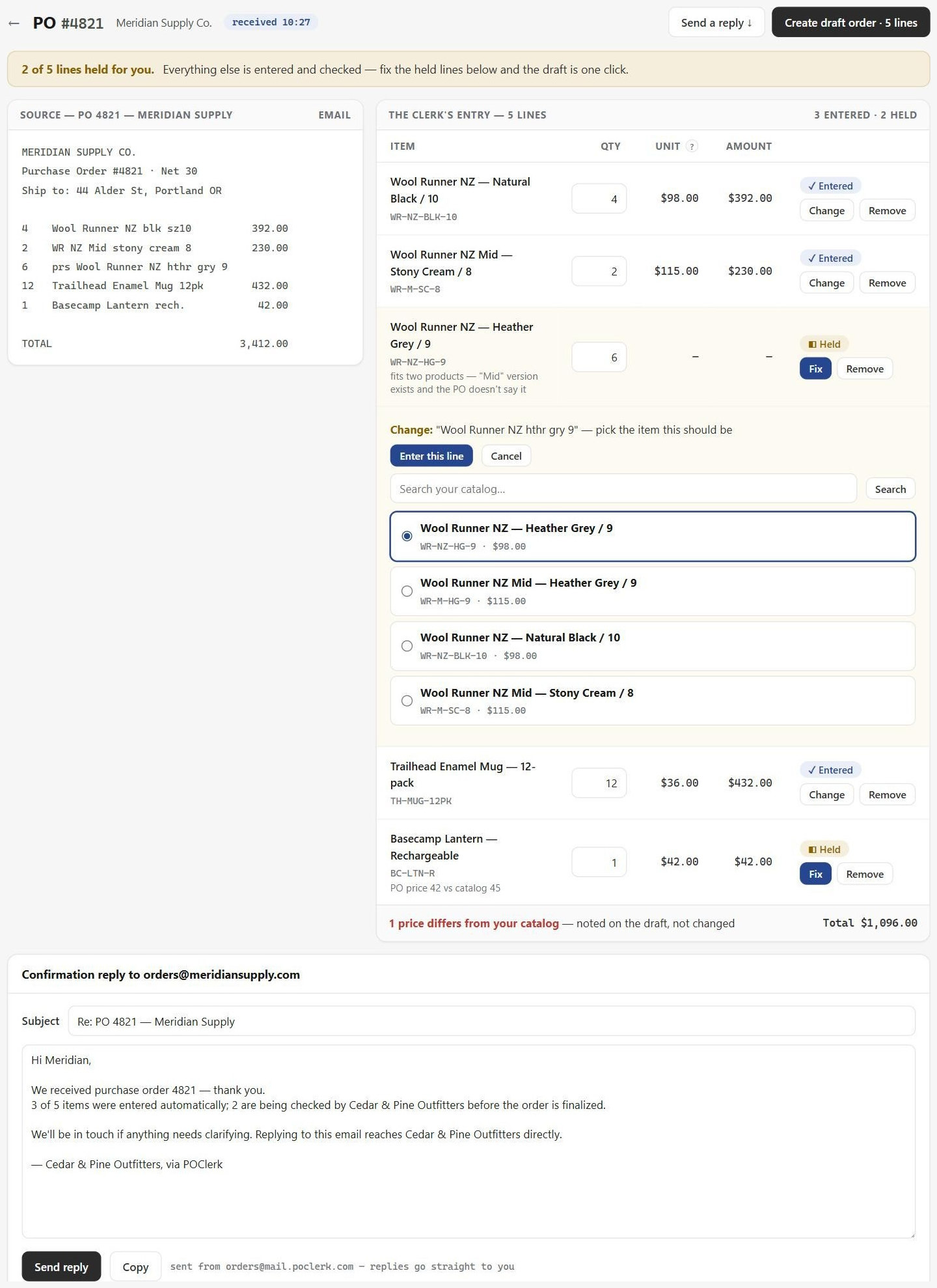 A held purchase-order line in POClerk. The line 'Wool Runner NZ — Heather Grey / 9' is marked Held with the reason 'fits two products — Mid version exists and the PO doesn't say it', and a panel below offers four matching products from the catalog, each with its SKU and price, for the merchant to choose from.